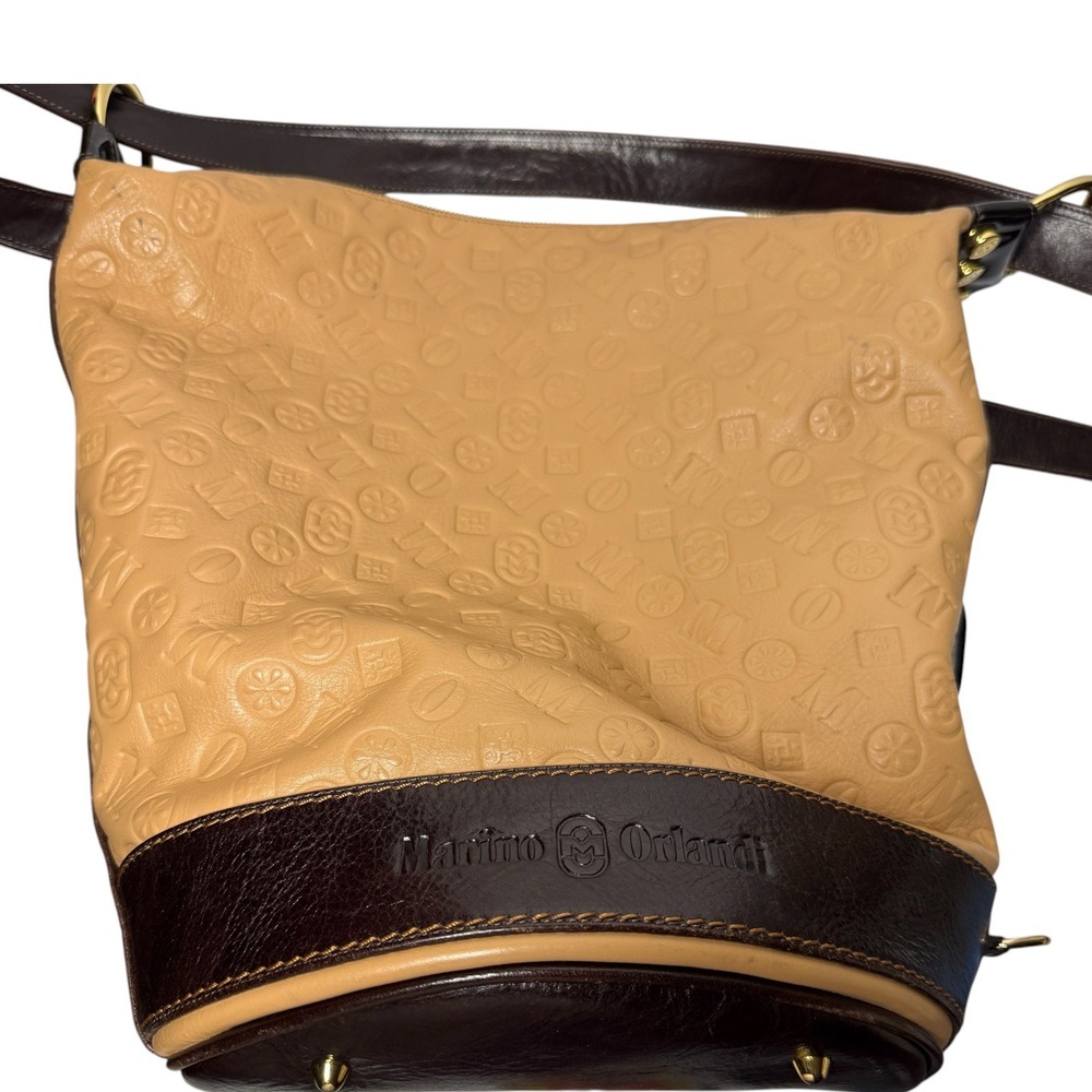 MARINO ORLANDI Vintage Italian Leather Bucket Bag Tan Embossed Monogram Y2K - Picture 5 of 16